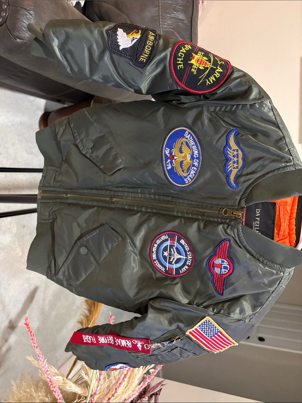 Kids Olive Green Puffer Jacket with Aviation Patch Details